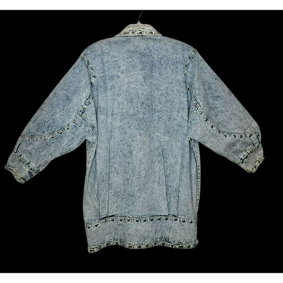 Studded Denim Oversized Jacket 80s VTG Eunina Acid Wash Lrg Biker Rocker Western - Picture 5 of 6